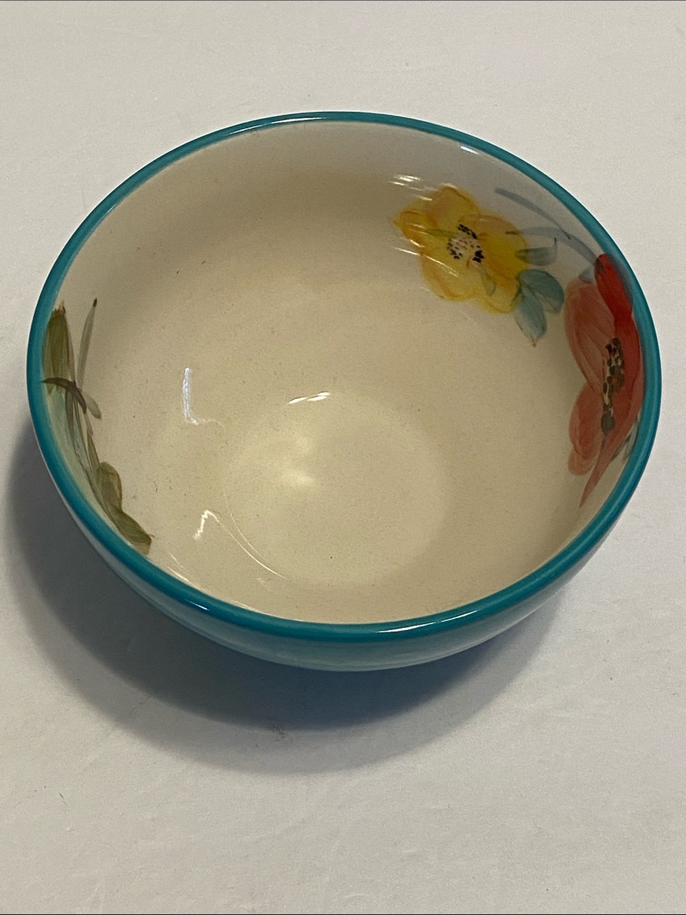 Pioneer Woman Vintage Bloom footed cereal teal bowl floral design inside